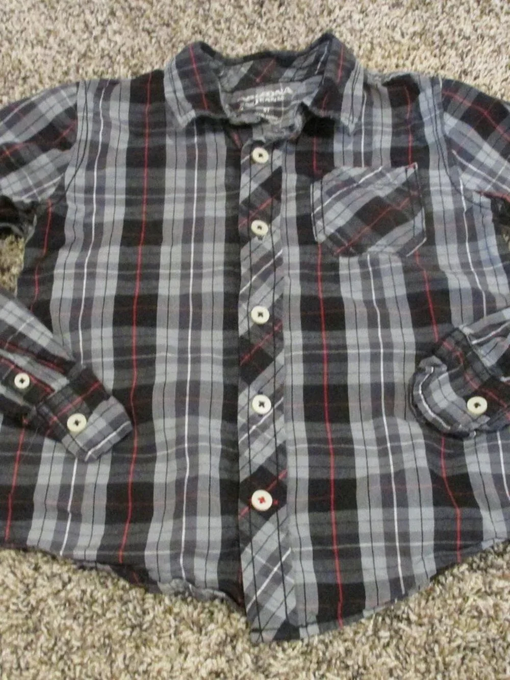 Arizona Button Up Dress Shirt Boys 5T Black Gray Plaid Long Sleeve Collared Top